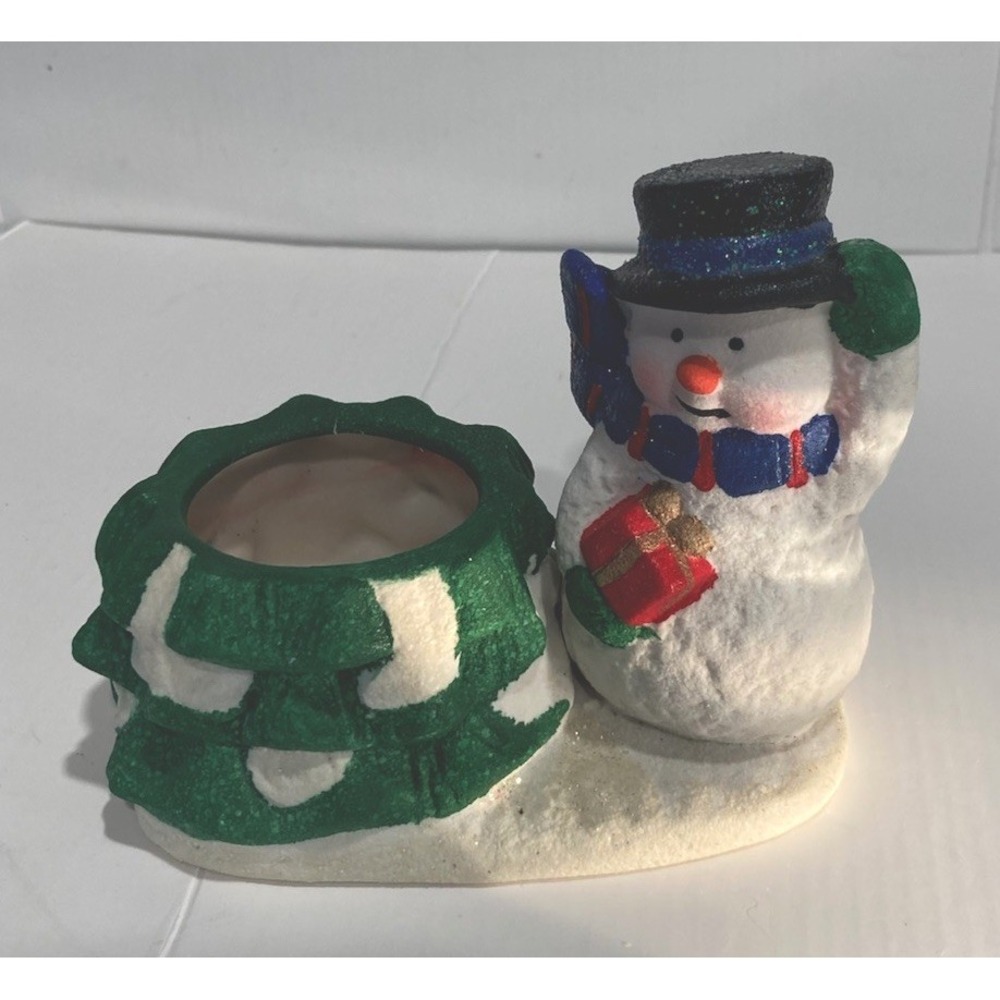 Christmas Snowman Votive Candle Holder Holiday Ceramic Decor 4.5" x 5" x 3" - Picture 3 of 8